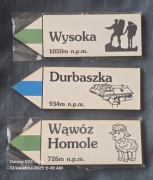 Magnes na lodówkę kierunkowskaz. Wąwóz Homole, Wysoka. Durbaszka. 3szt