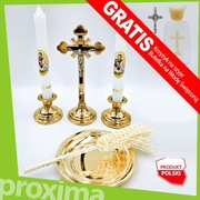 ZŁOTY KOMPLET KOLĘDOWY Tradycyjny Krzyż Świeczniki Kropidło Miska Kolęda