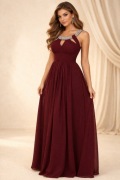 Bordowa sukienka wieczorowa maxi – zdobiony dekolt, elegancka, długa
