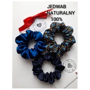 3 jedwabne scrunchies chaber granatowy kwiatuszki 100% jedwab naturalny 