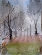 Poranna mgła, akwarela, A4, oryginał , pejzaż, nowy, Skoczyk 