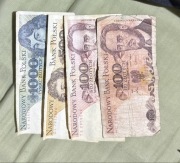 Banknoty 1000,500,2x 100 złotych PRL