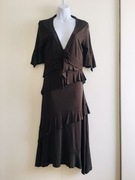 Brązowa gorzka czekolada sukienka midi z falbankami Karen Millen S 36 