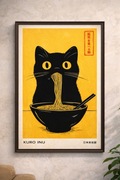 Plakat A3 kot jedzący ramen – japońska ilustracja | bez ramki