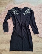 Czarna sweterkowa tunika sukienka haftowana długa Mohito 38 wiskoza