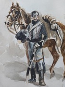 Akwarela obraz według Wojciecha Kossaka Huzar Wielkiej Armii szabla koń