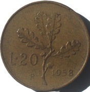 DĄB SZYPUŁKOWY - 20 lire z 1958 roku Włochy - OBEJRZYJ MOJĄ OFERTĘ