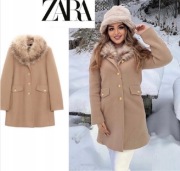 ZARA Beżowy płaszcz premium 75% wełna Manteco S 36 camel kołnierzem nowy