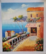 Obraz na płótnie ręcznie malowany. Letni taras z palmami