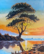 OBRAZ RĘCZNIE MALOWANY PEJZAŻ AKRYLOWY "GDY SŁOŃCE WSTAJE" - 24x30cm