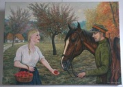 Dziewczyna i ułan obraz olejny ręcznie malowany na płótnie 70 x 50 cm