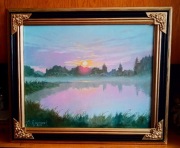 "SPOKOJNY WIECZÓR NAD JEZIOREM"- DUŻY OBRAZ OLEJNY NA PŁÓTNIE/62X52
