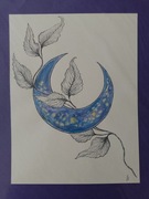 Grafika czarno-biała z dodatkiem fioletowej akwareli "Gałązka i księżyc"