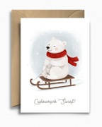 Kartka świąteczna bożonarodzeniowa - Niedźwiadek na sankach