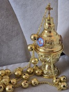 Piękna bogatozdobiona kadzielnica metalowa złocona emaliowana NOWA.