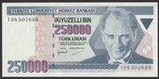 Turcja 250000 lirasi 1970 - Mustafa Kemal Ataturk - stan bankowy UNC
