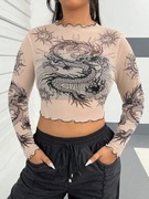 SHEIN Coolane Plus Top Krótki z Siateczki  z Marszczeniami i Motywem Smoka