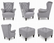 Fotel uszak + pufa pikowana – styl klasyczny, bardzo wygodny