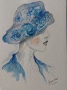 Akwarelowy portret kobiety pt. "Kobieta w niebieskim kapeluszu".