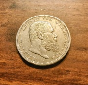 5 marek, Wilhelm II Wuerttemberg, 1907 r. Srebro.