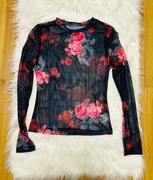 Damska bluzka siateczkowa S czarna w kwiaty 