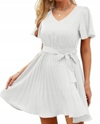 Biała sukienka letnia wizytowa plisowana krótki rękaw  M L XXL