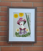 Figlarna dama w  kapeluszu puszczająca oczko. Obraz ręcznie wykonany