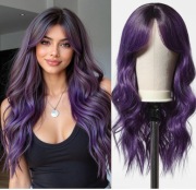 Peruka długa falowana fiolet z grzywką naturalna 60 cm