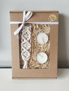 Zestaw prezentowy makrama, świeczki sojowe 