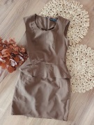 brązowa basicowa czekoladowa prosta sukienka 36S elegancka biurowa