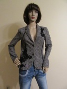 MARC CAIN żakiet w szarą jodełkę jedwabne mankiety _ S/M