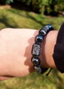 BRANSOLETKA RUNA KAUNAN / KENAZ STAL 316L KAMIEŃ HEMATYT 10 mm MĘSKA 17 cm