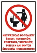 Znak Piktogram Zakaz wrzucania śmieci do WC, nie wyrzucać śmieci do toalety