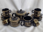 Serwis do kawy, 6 os czarno złoty ceramika bułgarska, vintage retro prl