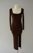 H&M długa brązowa dzianinowa sukienka z rozcięciem chocolate 34 XS