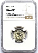USA 5 centów 1943 P Jefferson 5 Full Steps NGC MS66 5FS