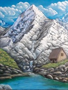 A.Maj. DUŻY OBRAZ OLEJNY 80x60cm GÓRY, ŹRÓDEŁKO, WODOSPAD, CHATA