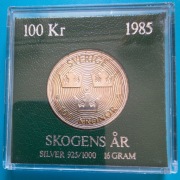 100 koron 1985 Szwecja FAO Międzynar. Rok Lasów  Ag 0,925 waga 16 g