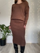 Brązowy komplet spódnica sweterek dzianinowy set zestaw zima zimowy ciepły
