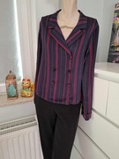 granatowa różowa bluzka z długim rękawem w paski print jesienna na jesień 