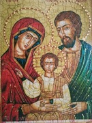 Ikona Świętej Rodziny na desce drewnianej w stylu bizantyjskim