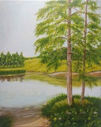 OBRAZ RĘCZNIE MALOWANY PEJZAŻ AKRYLOWY "LAS I WODA" - 24x30cm