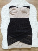 Bezowa sukienka mini z tiul. wykonczeniem