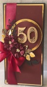 Kartka na 50 urodziny ręcznie robiona bordo złoto elegancka DL pudełko