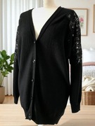 Massimo Dutti czarny kardigan lekki sweter oversize koronka ażurowy merino 