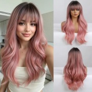 Peruka długa falowana róż ombre z grzywką naturalna 60 cm