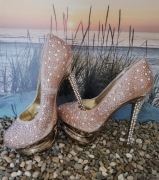 SZPILKI Z CYRKONIAMI DAMSKIE CZÓŁENKA PLATFORMY SEXY ZŁOTE SZAMPAŃSKIE 