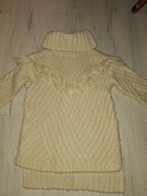 Bardzo ciepły sweter z wełną na zimę luźny golf frędzelki r. 122, 7 lat