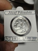 Józef Piłsudski na srebrnej 5-cio złotowej monecie z roku 1936.