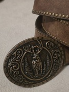 Skórzany pasek myśliwski do garnituru, munduru myśliwego, JELEŃ BYK wieniec